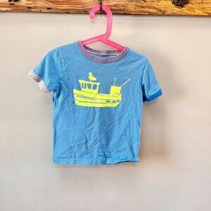 Mini Boden Boys Blue Short Sleeve Cotton Tee W/‎ Neon Boat Print - Size 2-3 Yrs